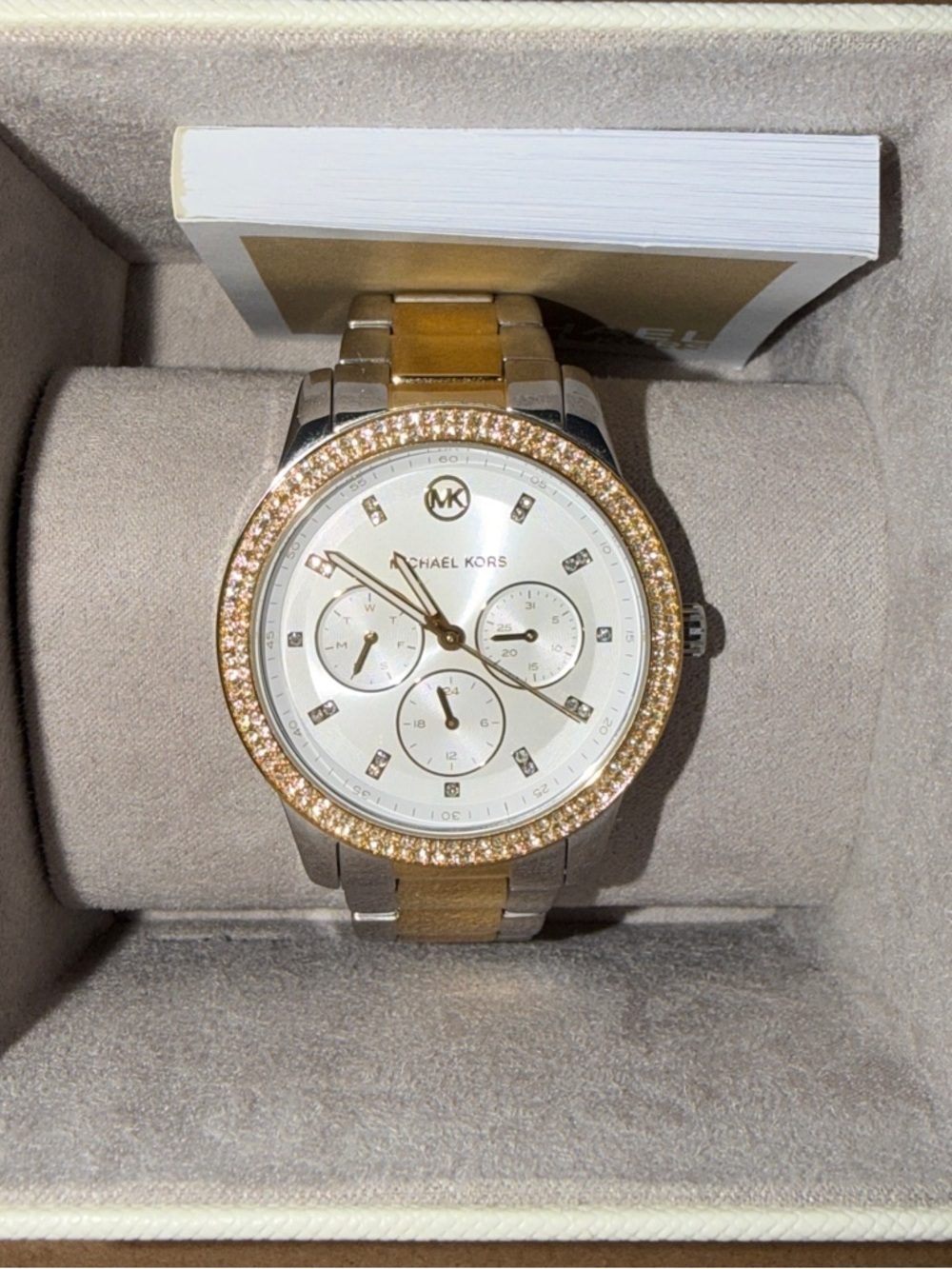 Michael Kors Two-Tone Silver and Gold Crystal Bezel Chronograph Watch